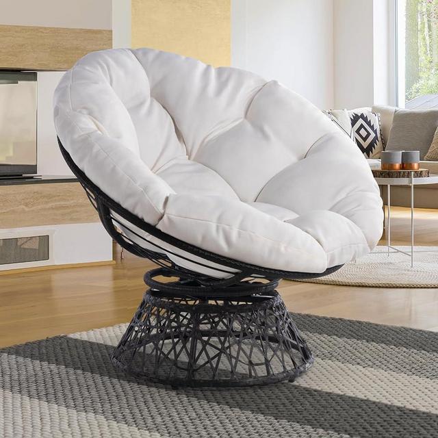 Bme Ergonomic Wicker Papasan Chair with Soft Thick Density Fabric Cushion, High Capacity Steel Frame, 360 Degree Swivel for Living, Bedroom, Reading Room, Lounge, Arctic Snow - Black Base