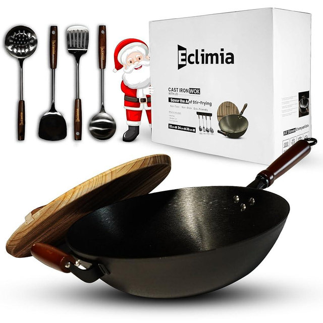Eclimia Pre-Seasoned Cast Iron Wok | Nonstick Stir-Fry Pan | Wok with Dual Handles and 4 Spatulas | Flat Bottom Wok with Wooden Lid and Wood Handle | Uncoated Traditional Chinese Wok for Induction