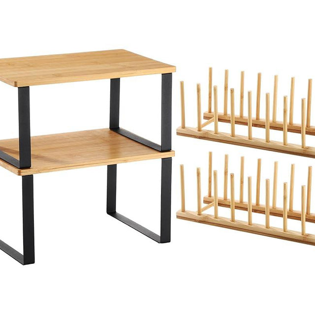 Marsui 4 Pcs Kitchen Organizer Accessories Set Cabinet Organizer Shelf and Bamboo Dish Drying Plate Rack Counter Shelves Storage Holder for Spice Rack, Dish, Pot Lid, Bowl, Cup(Light Color)