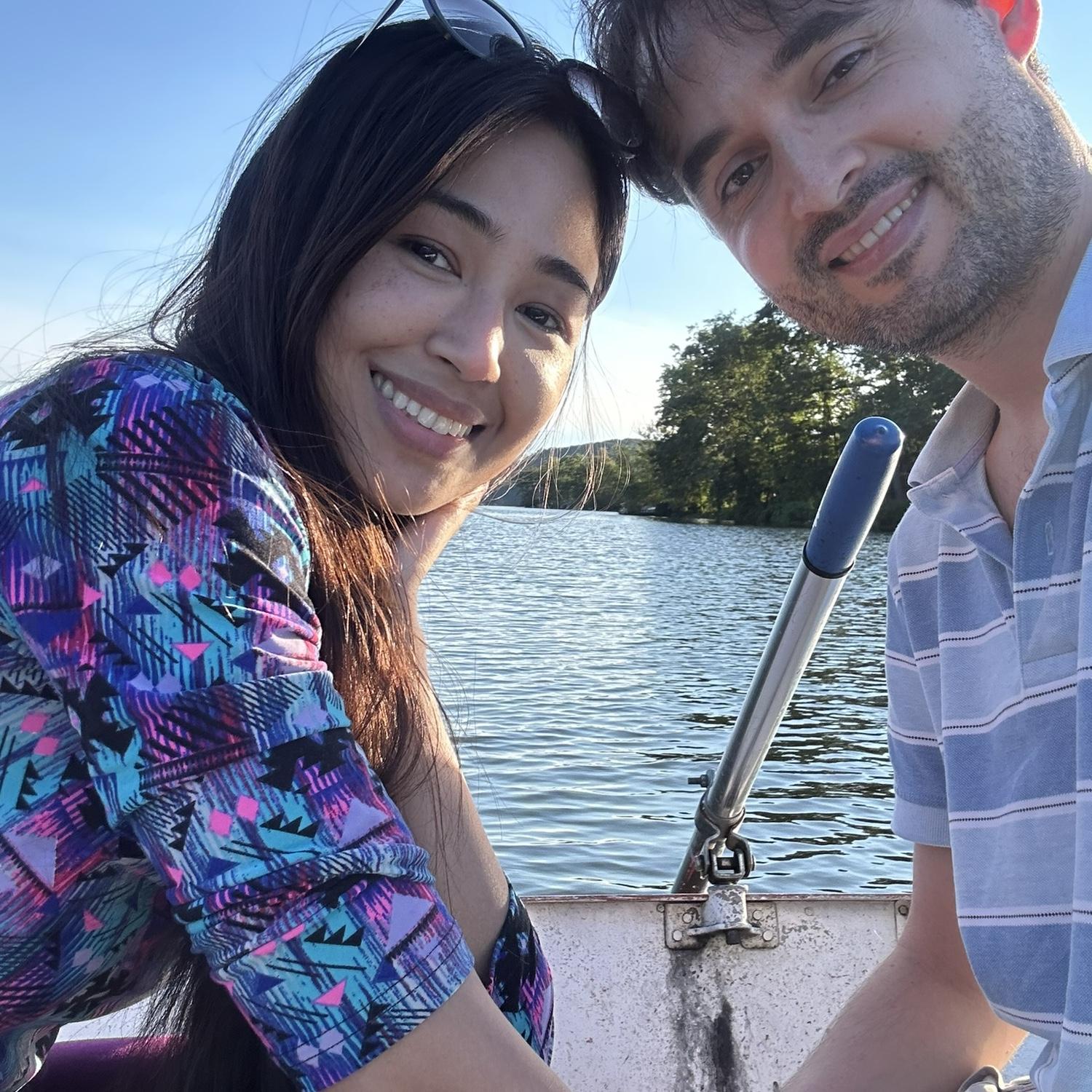 Out on the boat the day before he popped the question. Little did she know, he was already rehearsing for the big moment!