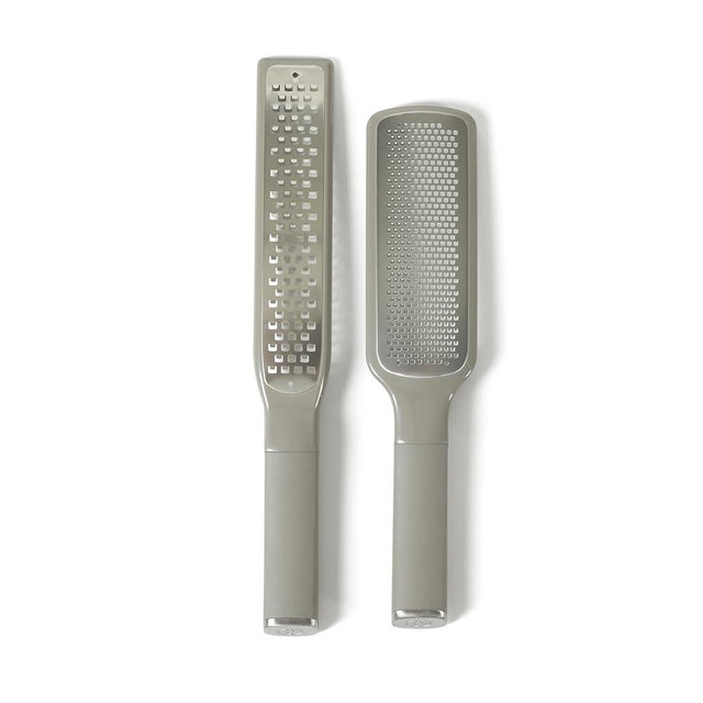 Calphalon Edge 2 Piece Stainless Steel Handheld Cheese Grater and Lemon Zester W/Covers & Rubber Handles - Taupe