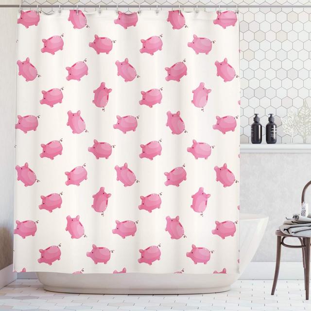 Ambesonne Pig Decor Collection, Piggy Bank Pattern Money Wealth Luck Symbols Fun Design Artwork, Polyester Fabric Bathroom Shower Curtain Set with Hooks, Pink and White