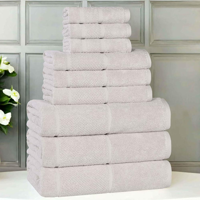 Superior Mile Smart Twist Viscose Cotton Blend Medium Weight Towels, for Guest Bath,V Bathroom, Spa, Quick Dry, Ultra-Soft Towels, Bath Essentials, Border Detail, 9 Piece Assorted Towel Set, Silver