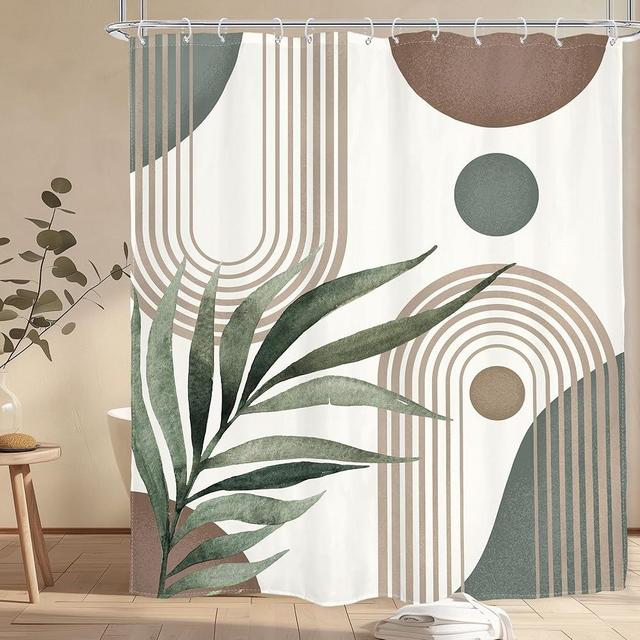 Glawry Boho Shower Curtain Brown Mid Century Abstract Plant Palm Leaves Modern Arch Curve Bathroom Minimalist Geometric Aesthetic 60Wx72L Inches Bath Accessories Art Home Decor Fabric 12 Pack Hooks