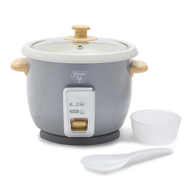 GreenLife 6-Cup Rice Cooker Steamer, PFAS Free Removable Ceramic Nonstick Pot, Auto Presets, Wood Print Handle, Keep Warm Function, One Touch Design, Dishwasher Safe, Measuring Cup, Rice Paddle, Quartz Grey