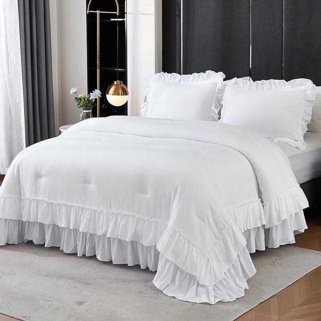 Andency White Comforter Set Queen Size, Lightweight Fluffy Farmhouse White Ruffle Bedding Set, Soft Microfiber All Season Shabby Chic Bed Comforter Set 3 Pieces(1 Ruffle Comforter 2 Pillowcases)