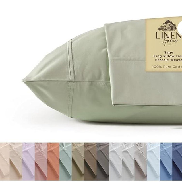 Linen Home 100% Cotton Percale Pillowcases King Size, Sage, 2 Pieces of Pillow Case, Crisp and Cool Strong Bed Linen, 20 inches X 40 inches