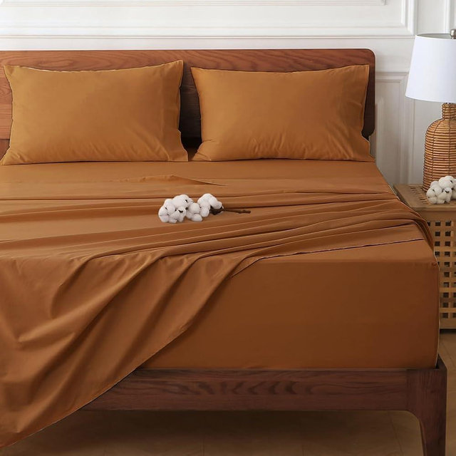 HYPREST 100% Cotton Sheets for Queen Size Bed Deep Pockets Fit 18"- 24" in Deep Mattress, Burnt Orange Sheets, Hotel Luxury Soft Wrinkle Free Cooling Sheets for Queen Size Bed