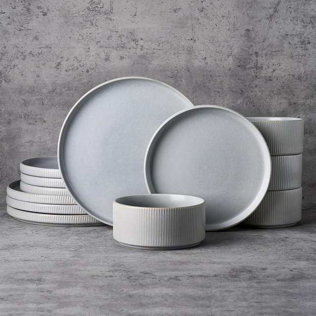 Famiware Star Dinnerware Set, Plates and Bowls Sets for 4 (12pcs), Ribbed Stoneware Dishes - Chip & Scratch Resistant, Microwave & Dishwasher Safe, Matte Gray