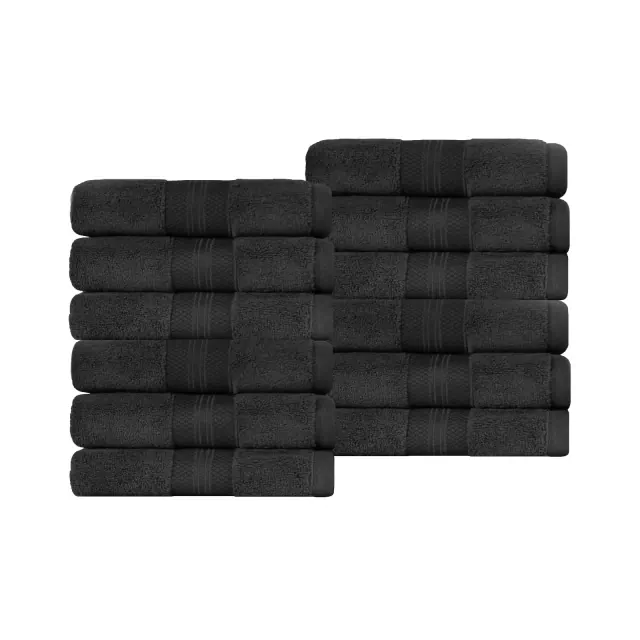 Premium Cotton Solid Plush Heavyweight Luxury 12-Piece Face Towel/Washcloth Set, Black - Blue Nile Mills