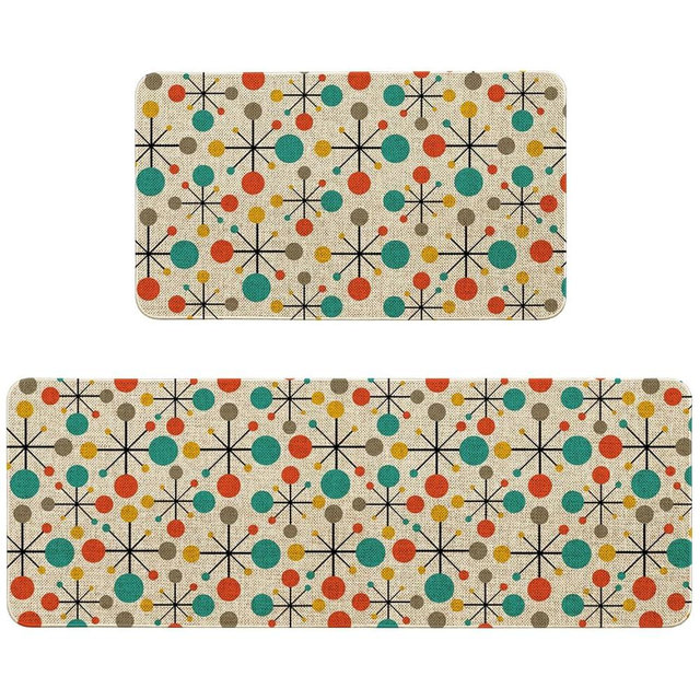 HSOWKDN Mid Century Atomic Kitchen Rugs Sets of 2 Non Slip Washable, Fifties Retro Kitchen Mats Home Decor, Modern Rug Decorations Indoor