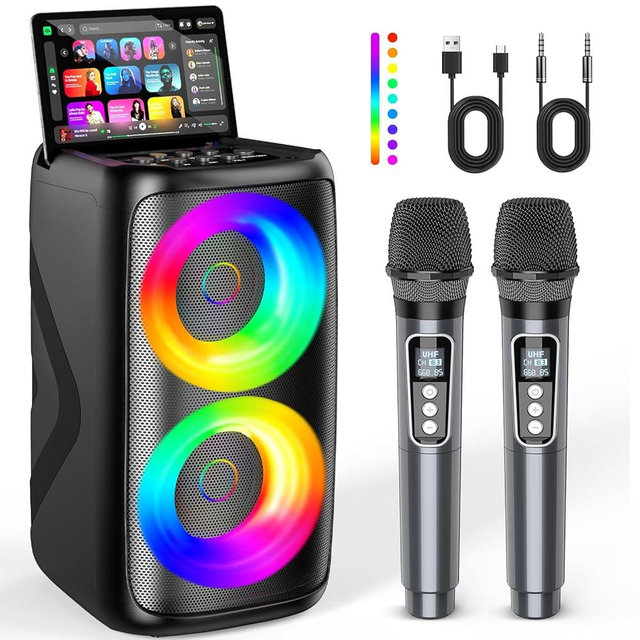 Karaoke Machine for Adults: Portable Bluetooth Speaker with 2 Wireless Karaoke Microphones with LED Lights Birthday Gifts for Party Family Home System Packages Support TWS/TF/USB/AUX