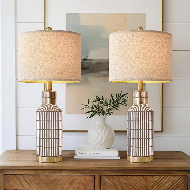 USumkky 25" Table Lamps Set of 2, Modern Ceramic Bedside Lamps - Farmhouse Brown Nightstand Lamps for Bedroom, Boho Living Room End Table & Office Desk Decor