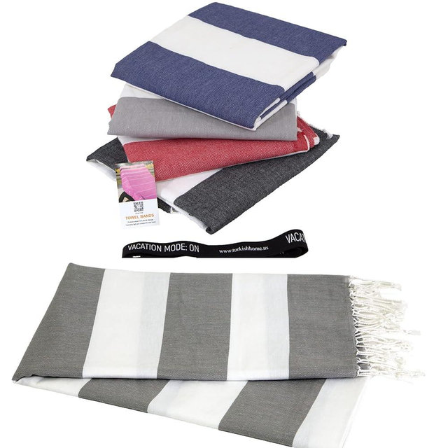 Set of 4 Turkish Beach Towel with 2 Towel Bands - Beach Towels Oversized 4 Pack - 100% Cotton 40 x 70 inches - SandProof Fast Drying Large Pool Towels