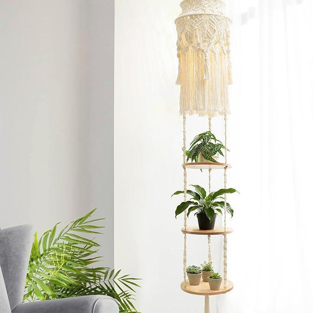 ANROYE 3-Tier Cotton Macrame Hanging Light Fixture Shelf, Boho Corner Pendant Lamp Shade Shelves, Farmhouse Ceiling Plant Hanger Indoor Decor for Women Bedroom Christmas Gift