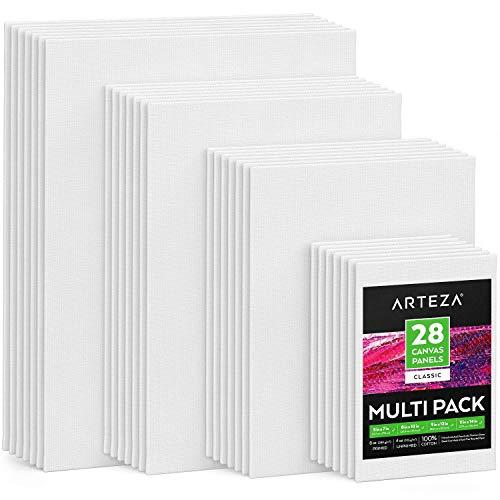 Arteza Painting Canvas Panels Multi Pack, 5x7", 8x10", 9x12", 11x14", Set of 28, Primed White, 100% Cotton with Recycled Board Core, for Acrylic, Oil, Other Wet or Dry Art Media, for Artists