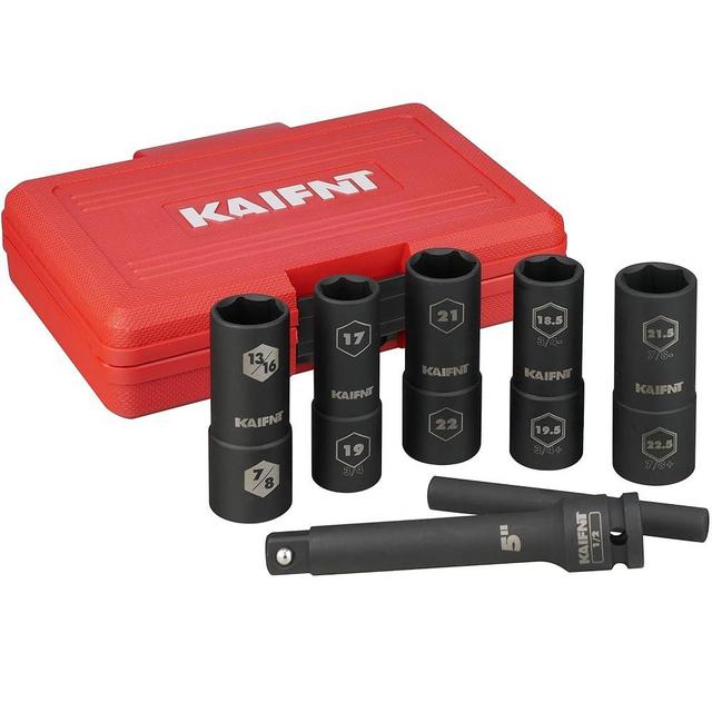 KAIFNT K231 Extra Thin Wall Impact Flip Socket and Knockout Bar Set with Half Sizes, Lug Nut Sockets, 1/2-Inch Drive, 7-Piece