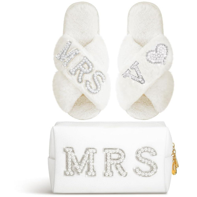 Xtinmee Personalized Initial Wedding Bride Slippers MRS Pearl Letter Makeup Bag Bridal Shower Gifts for Wedding Day (V)