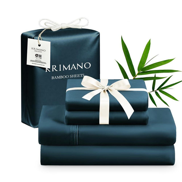 KRIMANO Queen Size Sheet Set, Bamboo Sheets for Bed Set 4pcs, 100% Organic Viscose Derived from Bamboo, Hotel Luxury Silky & Cooling for Hot Sleepers, Deep Pocket Up to 17", Navy Blue