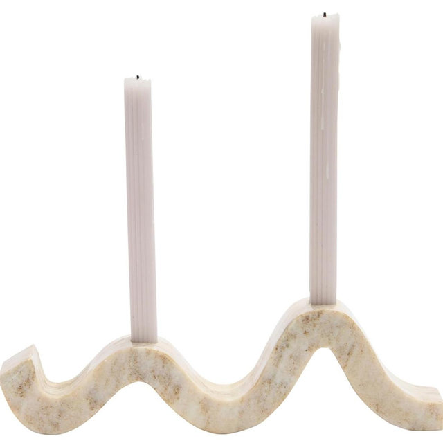 Bloomingville Modern Marble and Brass Wave Double Taper Holder, White, 15''L x 4''W x 2''H