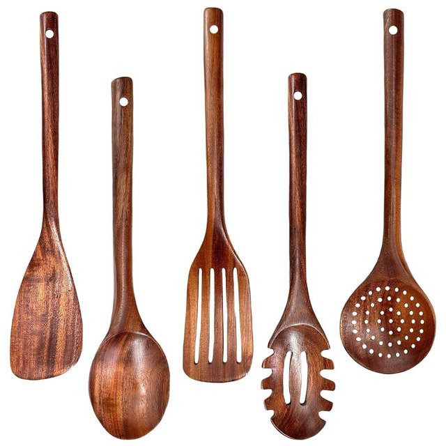 Wooden Utensils for Cooking, 5Pcs Natural Teak Wood Kitchen Utensils Set, Non-Stick Wooden Cooking Utensils Set, Heat-Resistant Kitchen Tool Set with Wooden Spoon, Spatula, Pasta Server, Skimmer