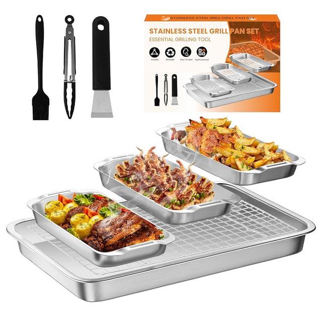 BBQ Grill Basket Set Outdoor: 8-piece Stainless Steel Grilling Topper Pans Food Serving Tray with Cooling Rack, Roast Chicken, Meat, Veggie, Barbecue Tools Gifts for Men