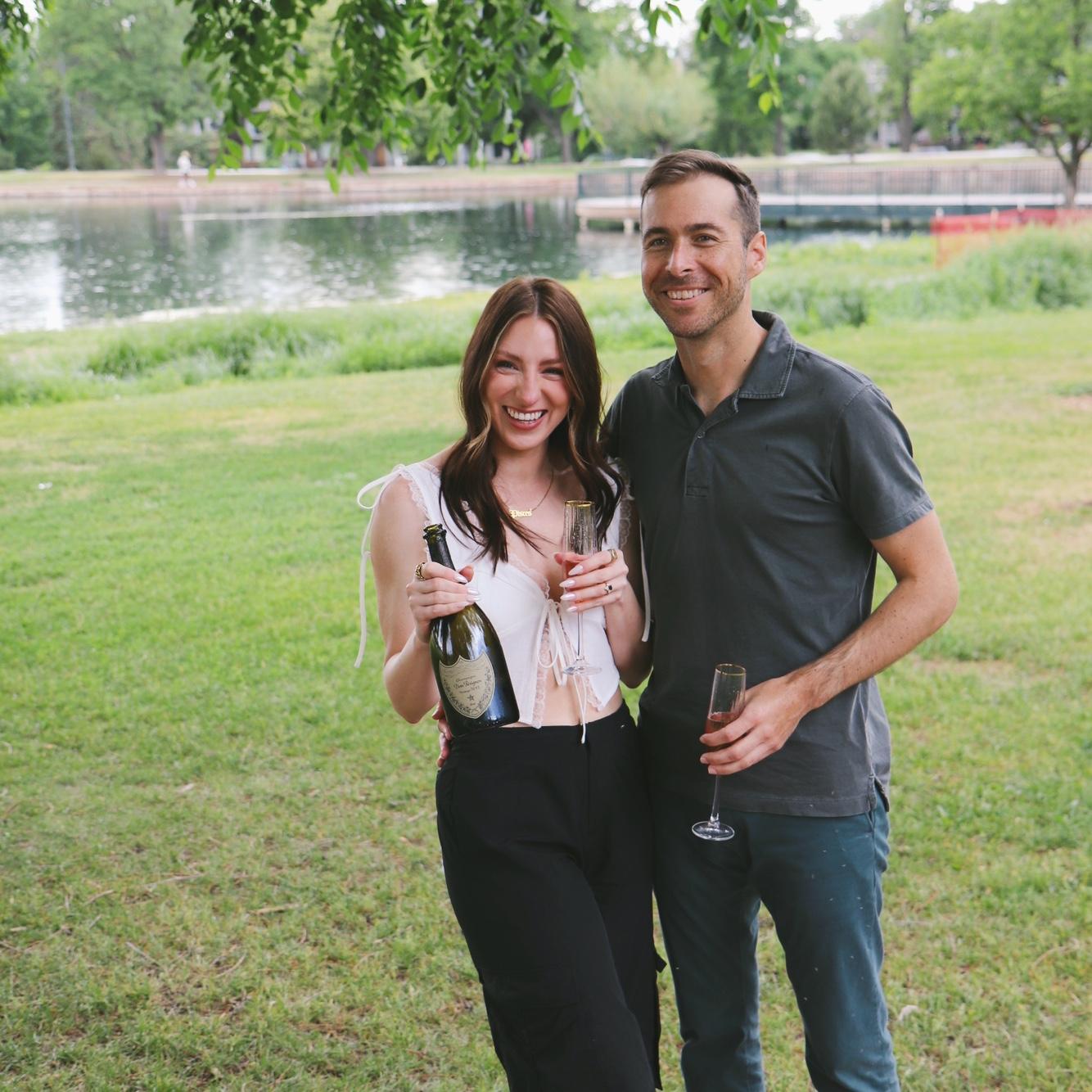 Wash park engagement 🍾 wearing cargo pants and definitely surprised 😂