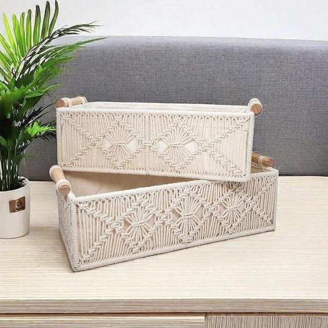 GIB Macrame Storage Baskets Boho Decor Box for Organizing, Hand Woven Decorative Countertop Baskets for Shelves, Toilet Tank, Cabinet Organizer, for Bedroom Living Room Home Decor