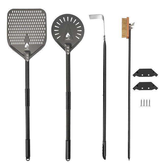 4 Piece Pizza Oven Kit (Extended Edition) Pizza Turning Peel 9 Inch Perforated Pizza Peel 12 Inch 40 Inch Aluminum Handle Pizza Oven Brush and Ash Rake Pizza Peel Set Pizza Oven Tools Kit