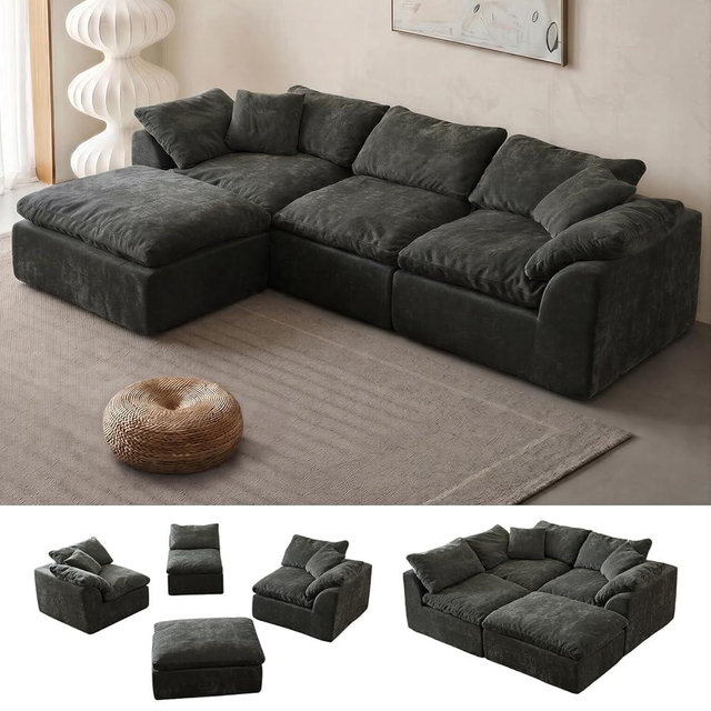 SUIGENERLS Oversized Cloud Couch Sectional Sofa for Living Room, Modular L Shaped Boneless Chenille Sofa with Chaise Lounge, Deep Seat Convertible Couch, Compressed No Assembly Floor Sofa (Black)