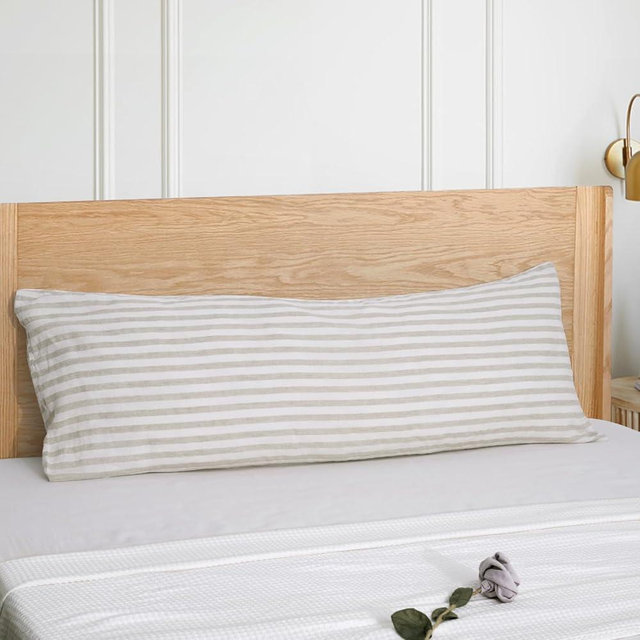 S VICTORY SYMBOL 100% Organic Linen Body Pillowcase,French Natural Striped Linen Body Pillow Cover 20x54 Inch,Beige Stripe Body Pillowcase,Breathable & Moisture-Absorbing,Envelope Closure