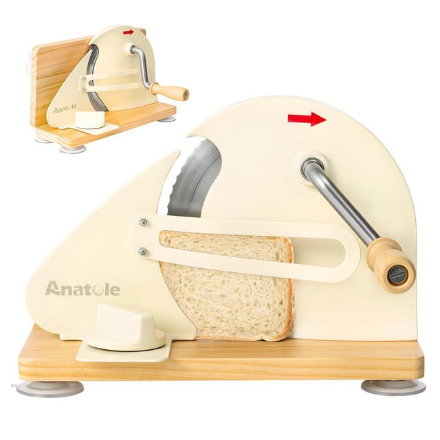 Anatole Foldable Manual Bread Slicer for Homemade Sourdough Bread with Engraved Scale Line Bread Guide Hand Crank Bread Cutter with Adjustable Thickness Stainless Steel Blade 6 Suction Cups