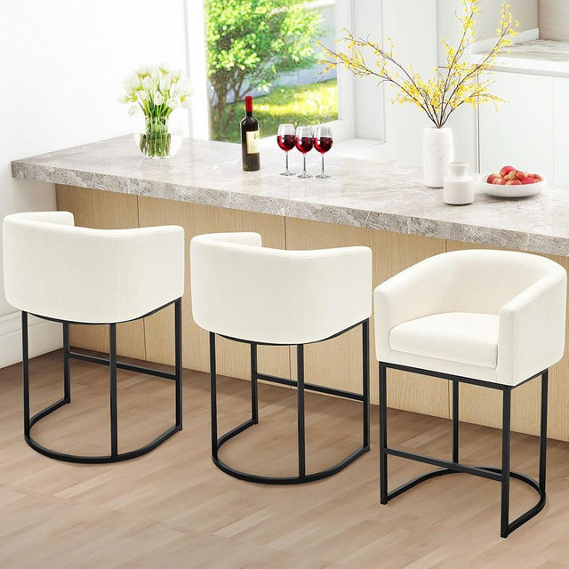 WorthFurni Counter Height Bar Stools Set of 3, 26" H Modern Counter Stools with Barrel Backrest and Armrest, Linen Upholstered Kitchen Island Bar Chairs with Black Metal Frames(Beige)