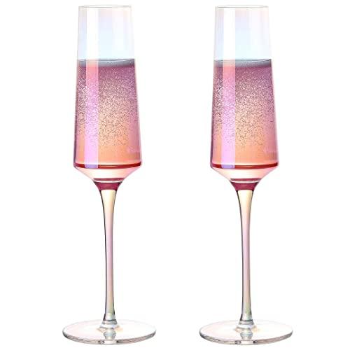 Meichu Modern Champagne Flutes Set of 2,Lead Free Crystal Champagne Glasses, Hand Blown Champagne Flutes Glasses (Colorful)