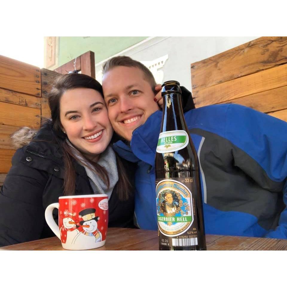 Enjoying a cold beer and warm mulled wine in Germany!