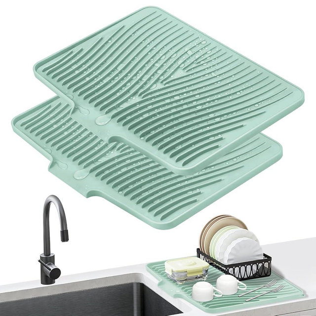TIKNIK Dish Drying Mat, Stone Drying Mat for Kitchen Counter with Built-in Drain, Non-Slip Drying Matt Kitchen Counter, Heat Resistant Silicone Drying Mat, Dish Drying Pad, 2 Pcs (Mint 19.7" x 17")