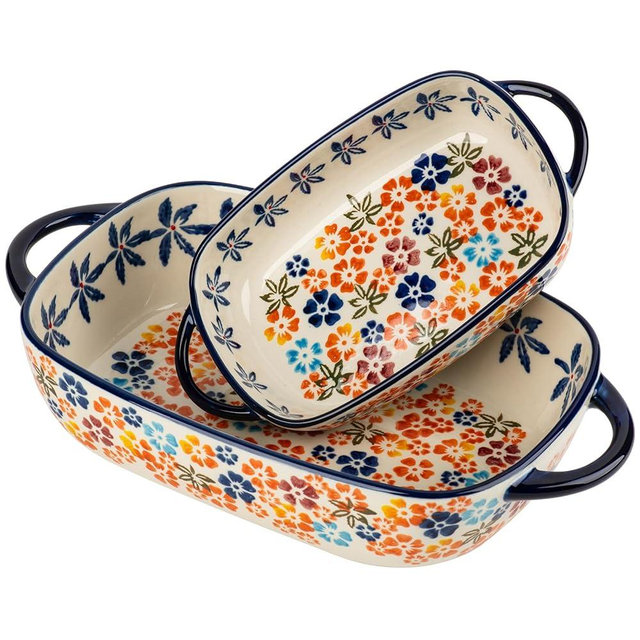 ONECCI Retro pastoral style Ceramic Baking Dish Rectangular Bakeware Set Baking Pan, 2-piece Hand-painted Porcelain Baking pan with handle, Casserole Dish for Oven/Cooking/Kitchen (Colorful Flower)
