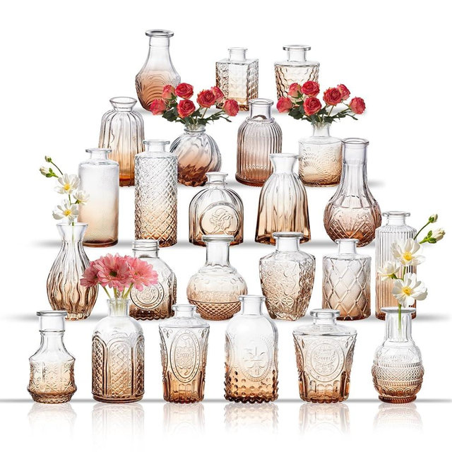 Glass Bud Vase Set of 24, Small Flower Vases, Glass Vases for Centerpieces, Vintage Home Table Decorations Bud Vases (24 Pcs, Amber)