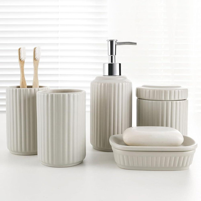 Bathroom Accessory Set 5PCS, Ceramic Bathroom Accessories Set, Classic Design Bathroom Accessories Sets Complete, Home Apartment Modern Bathroom Decor Vanity Countertop, ANTIS'S HOME (Gray)