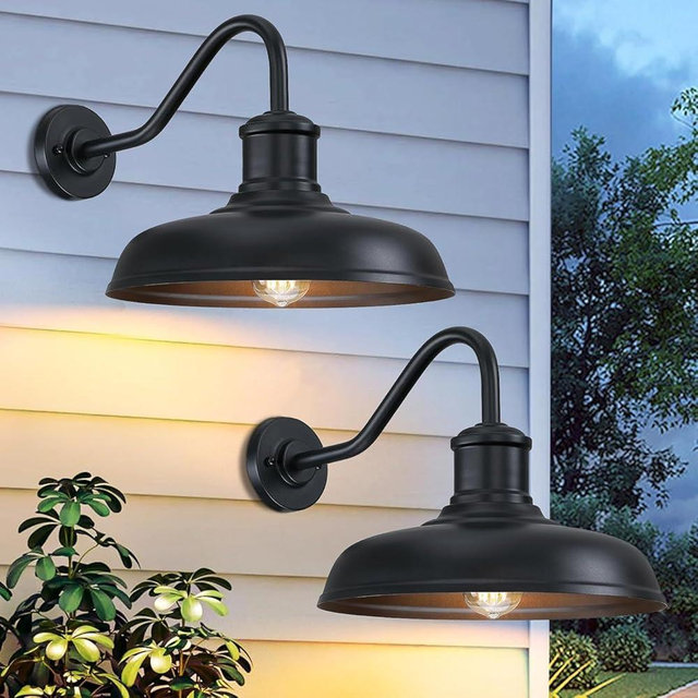 13.8'' Diameter Large Outdoor Gooseneck Barn Light 2 Packs, Outdoor Wall Sconce Farmhouse Exterior Light Wall Lighting Fixture Industrial Outside Lantern for Porch, Patio, Garage, Black (No Sensor)