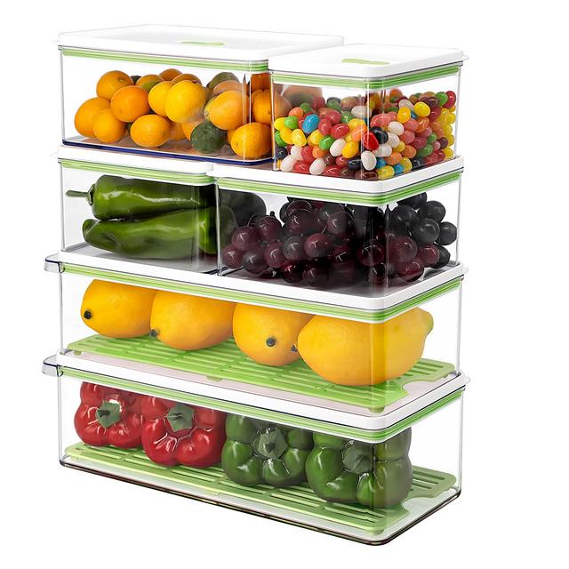 MineSign 6 Pack Plastic Stackable Food Storage Container Sets With Vented Lids And Drain Tray For Refrigerator Produce Saver Organizer Keeper Bins For Fruit berry lettuce Fridge Organization