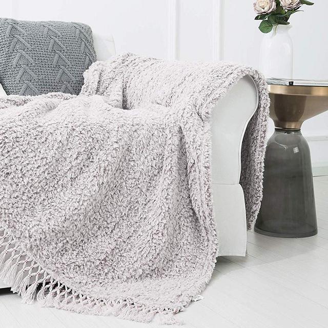 SEDONA HOUSE Back Printing Sherpa Throw Blanket with Tassels (Light Tan)