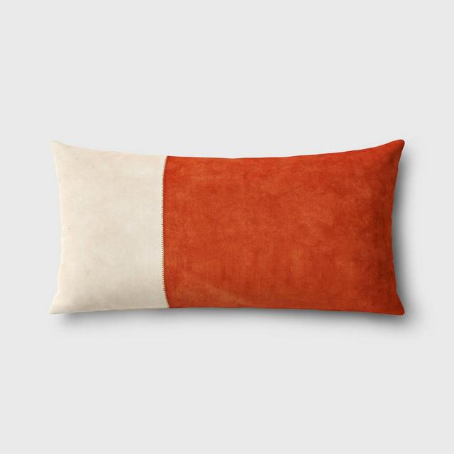 Oversized Colorblock Pieced Suede Lumbar Throw Pillow Orange/Neutral - Threshold™: Soft Faux-Suede, Removable Cover, Indoor Use