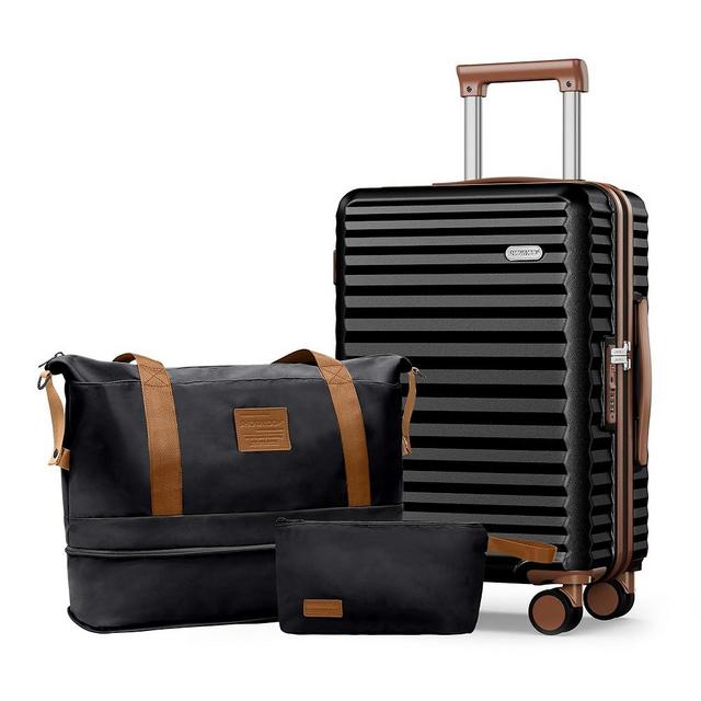 SHOWKOO Carry On Luggage Hardshell Lightweight Luggage Set, Suitcase with Double Spinner Wheels Tsa Lock White 3 piece set Black (DB/TB/20in)
