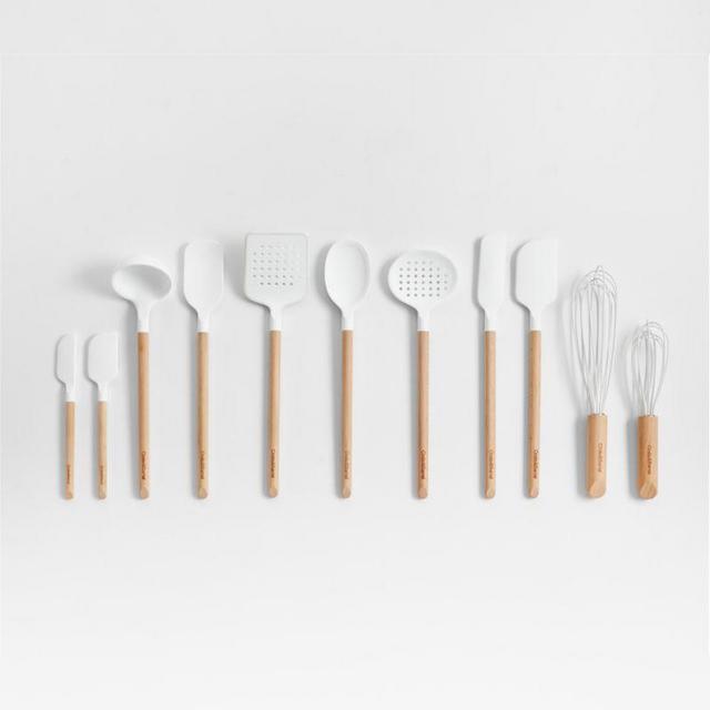 Crate & Barrel Wood and White Silicone Utensils, Set of 11