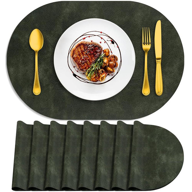 ADRIMER Placemats, Heat Resistant Oval Placemats Set of 8 Washable 12 x 17 Inch, Waterproof Table Mats, Wipeable Pu Place Mats for Kitchen, Dining Room, Olive Green