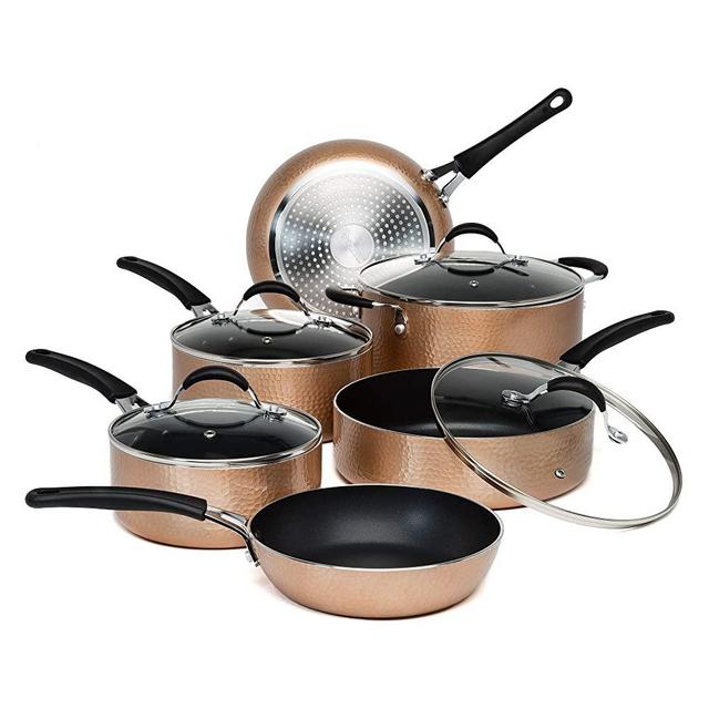 Ecolution Impressions Hammered Cookware Set, Pots and Pans with Premium Multilayered Non-Stick, Dishwasher Safe, Riveted Stainless Steel Handles, 10 Piece, Copper