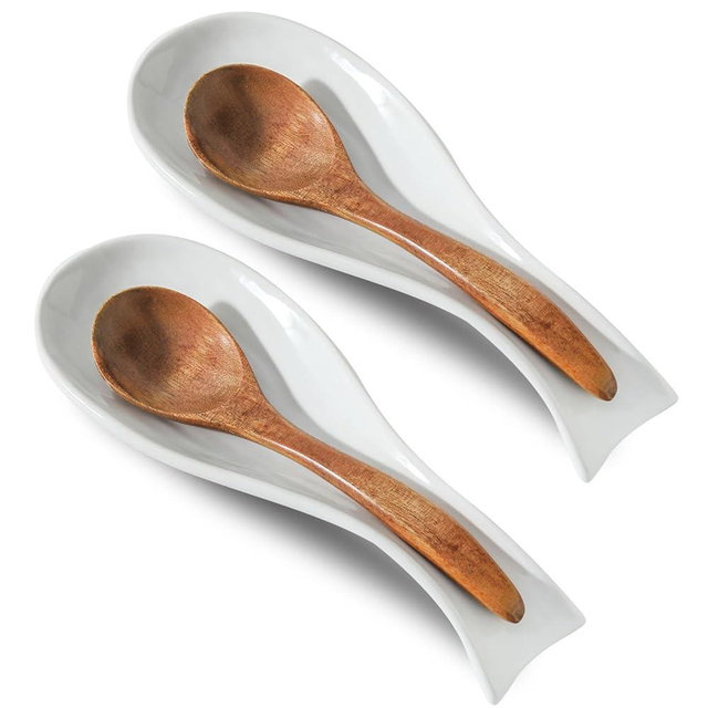 Tikooere Ceramic Spoon Rest for Stove Top,Large 8.7 Inch Spoon Holder for Kitchen Counter,Porcelain Utensil Rest for Thankgiving and Christmas Gift,Dishwasher Safe and Heat-Resistant,White(2 PC)