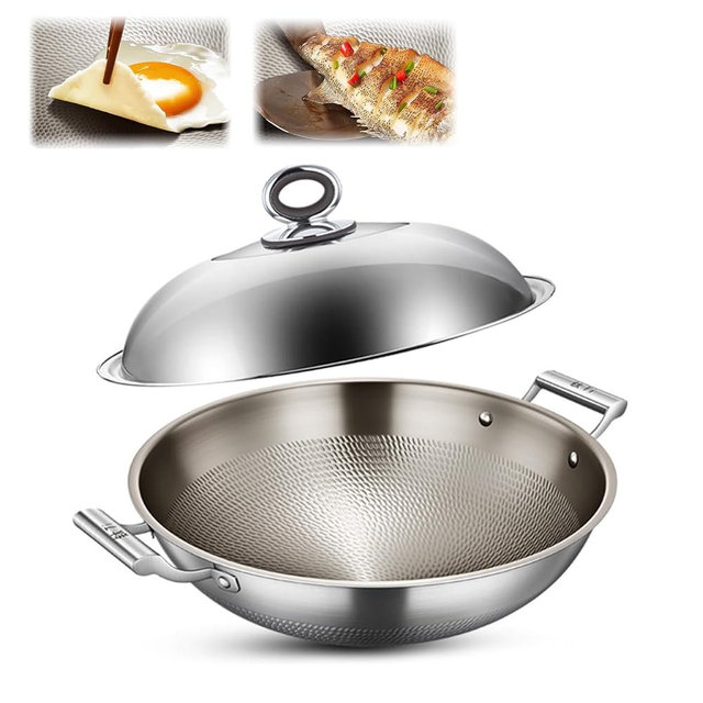 STEHEMO Titanium Hammered Wok with Double Handles, 2026 New Multifunctional Ultra-Durable Scratch-Resistant Non Stick Even Heating Titanium Wok for Cooking,With lid,17.72IN