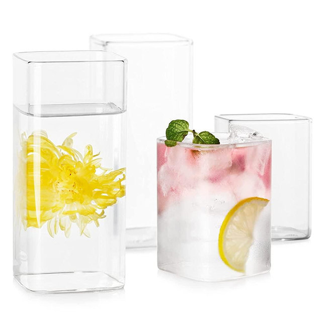 LUXU Drinking Glasses 8 oz Set of 2,Thin Square Glasses 13 oz Set of 2,Elegant Bar Glassware For Water,Juice,Beer, Drinks,and Cocktails and Mixed Drinks,Lead-Free Square Glass,Glass Drink Tumblers